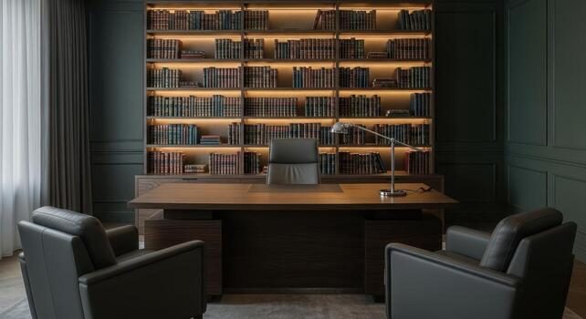 grand contemporary home office with executive desk leather chairs and illuminated bookshelf photo
